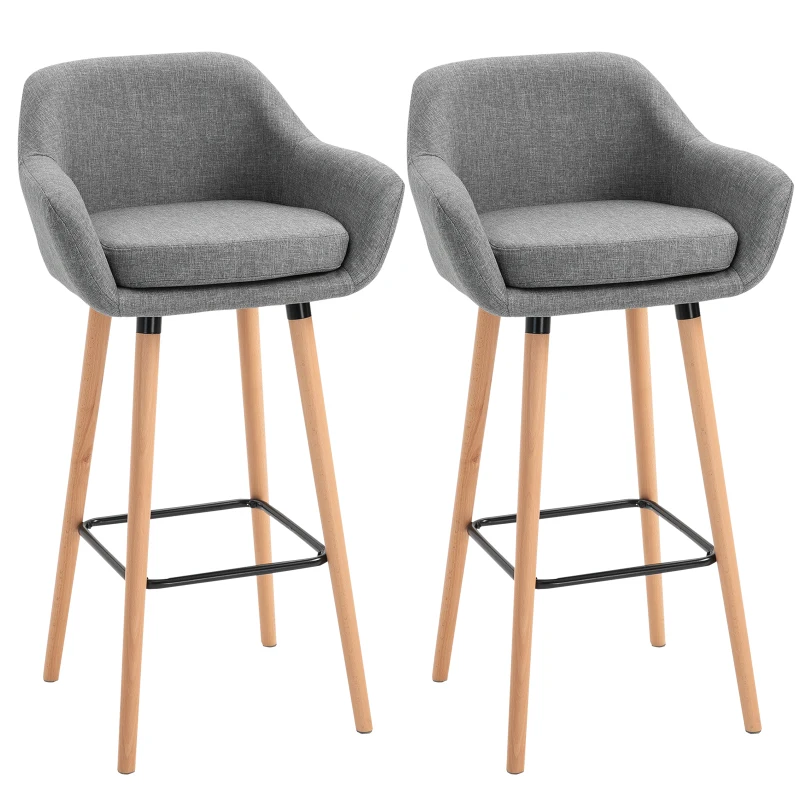 HOMCOM Modern Upholstered Fabric Seat Bar Stools Chairs Set of 2 with Metal Frame, Solid Wood Legs Living Room Dining Room Furniture Grey