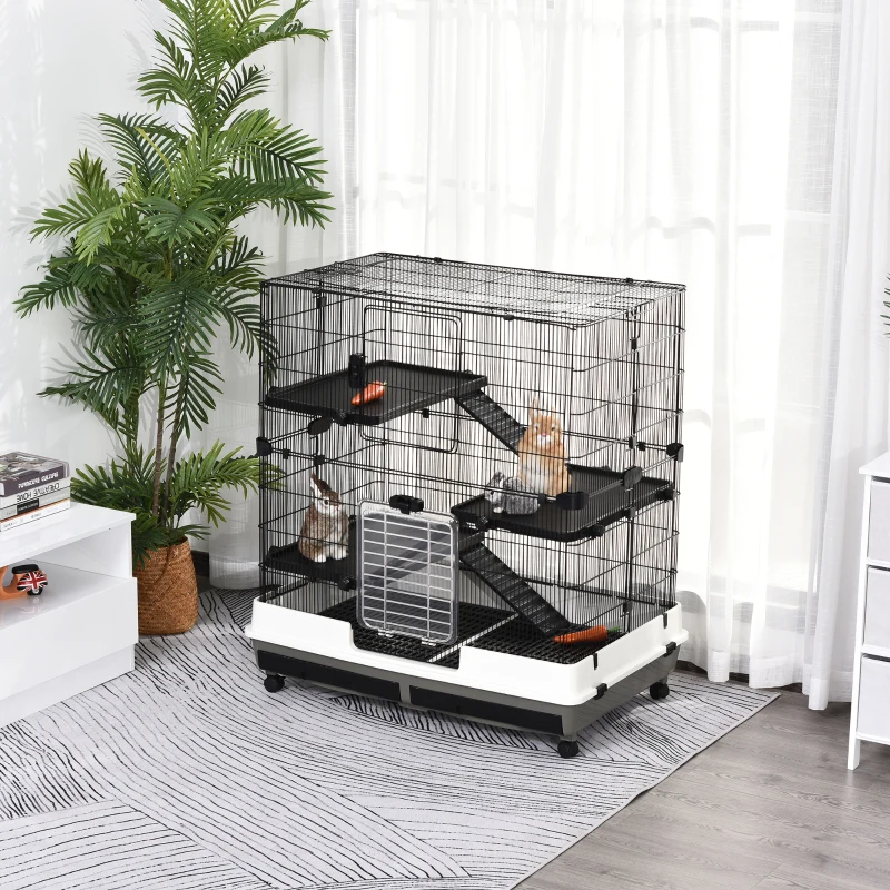 PawHut 43" Small Animal Cage with Wheels, 4-Level Portable Bunny Cage, Chinchilla Ferret Cage with Removable Tray, Platform and Ramp