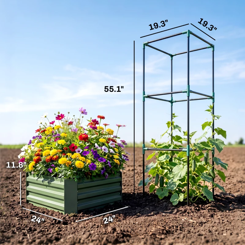 Outsunny Galvanized Planter Box, 24" x 24" x 55" Raised Garden Bed with Tomato Cage for Climbing Vines, Green