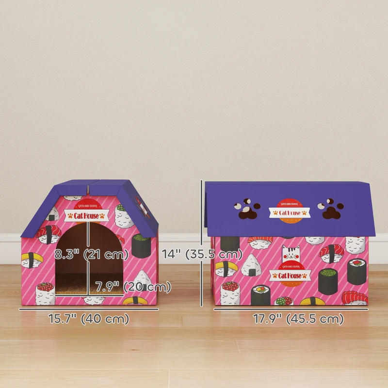 PawHut Cat Scratcher House, 2-in-1 Cardboard Cat Scratching Pad with Door, 4 Paw-Shaped Vents and Grass for Indoor, Pink