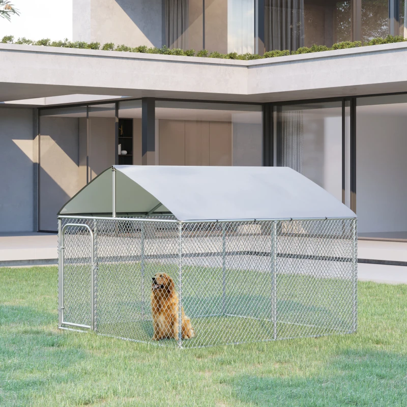 PawHut 7.5' x 7.5' x 5.6' Dog Kennel, Outdoor Dog Run with Waterproof, UV Resistant Roof, Lockable Door for Large-Sized Dogs, Silver