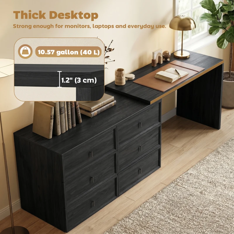 HOMCOM L Shaped Computer Desk Home Office Desk with 6 Drawers Black Wood Grain