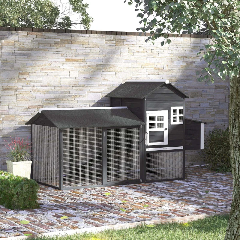 PawHut 84" Wooden Chicken Coop, Hen House Outdoor with Run Nesting Box, Asphalt Roof, Removable Tray, Ramp, Poultry Cage for 2-3 Chickens, Gray(m-20)