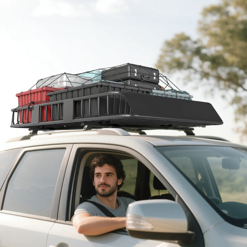 HOMCOM Car Roof Rack Basket, 63.8" x 39" x 6.3" Adjustable Cargo Basket for Cars, SUVs, Vans and RVs, 220 lbs Capacity, Black
