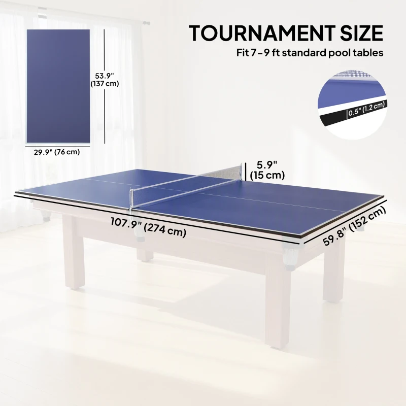 Soozier 9 ft Folding Ping Pong Table Top for Pool Tables, Table Tennis Conversion Top with Net, Foam Padding, Blue