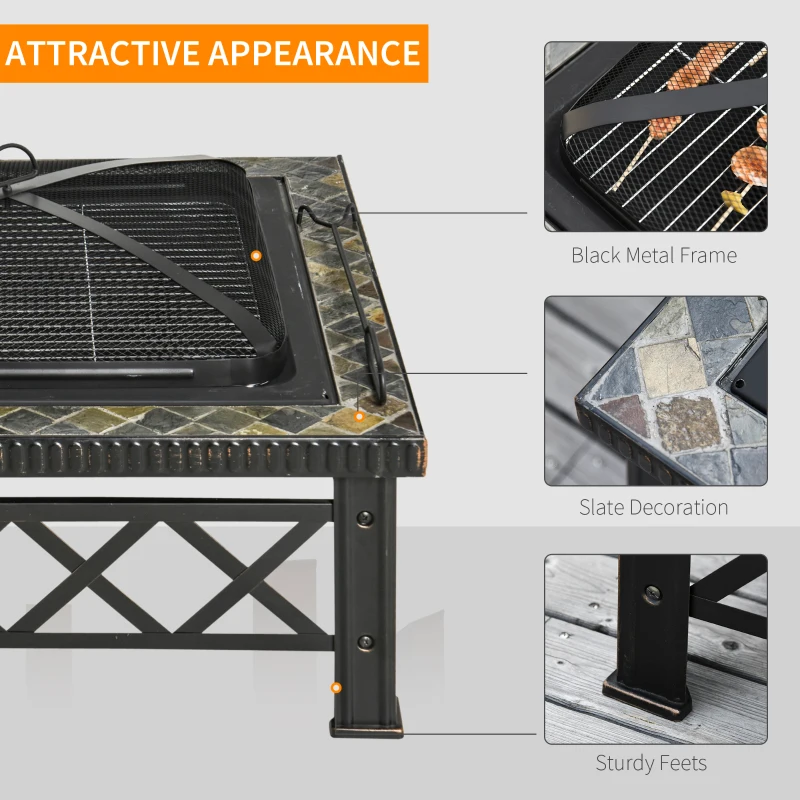 Outsunny Outdoor Steel Square Firepit Square Stove with Spark Screen Cover, Log Grate, Poker, 30" x 30" x 18.5", Black