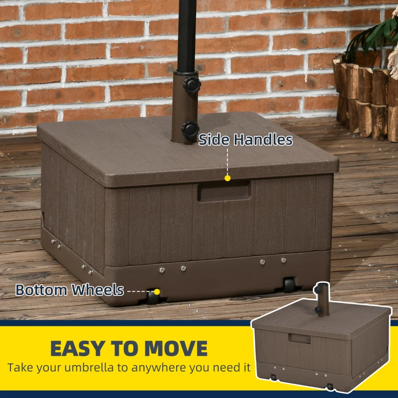 Outsunny 3-in-1 Outdoor Umbrella Base with Wheels, Side Table, Planter Box, 175lbs Heavy Duty Patio Umbrella Stand, Brown