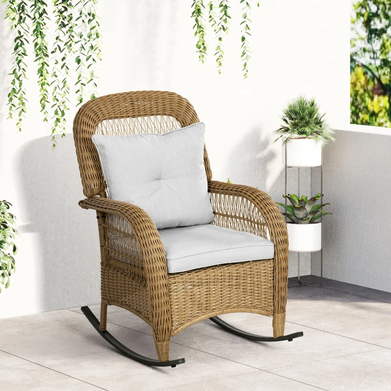 Outsunny Rattan Rocking Chair w/ Cushion, Garden Porch Furniturew, Light Grey