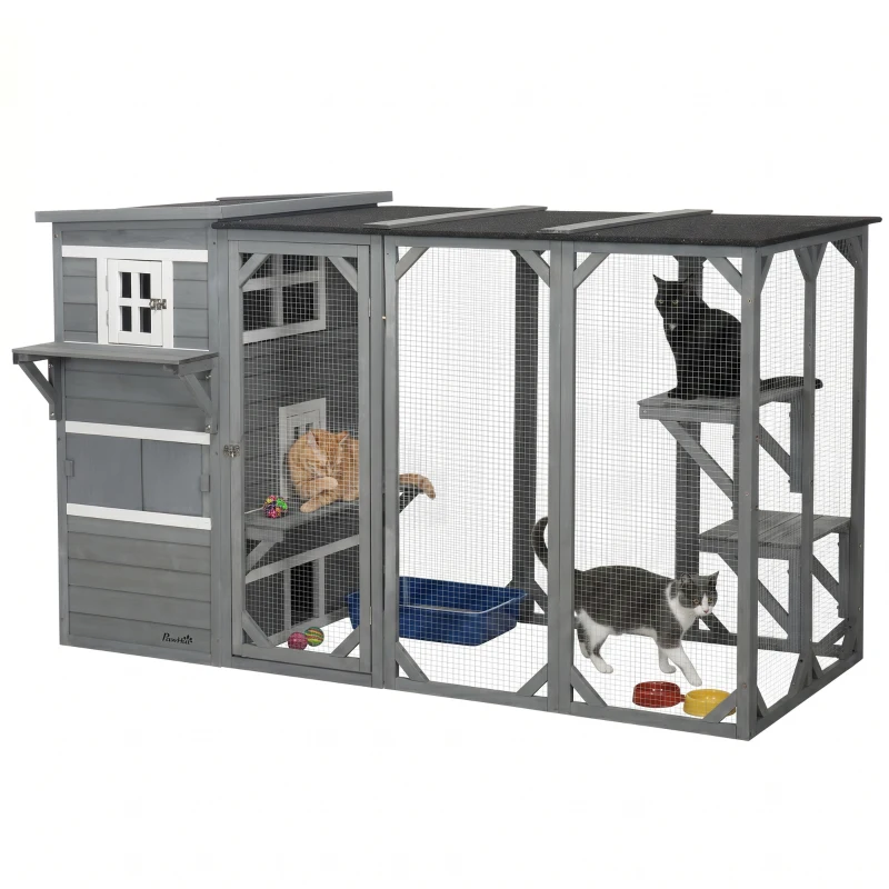 PawHut Wooden Cat Catio, 76"L Walk in Outdoor Cat House with Asphalt Roof, Platforms, Lockable Doors, 3-tier Resting Condo, Observation Window, for 2-3 Cats, Light Grey