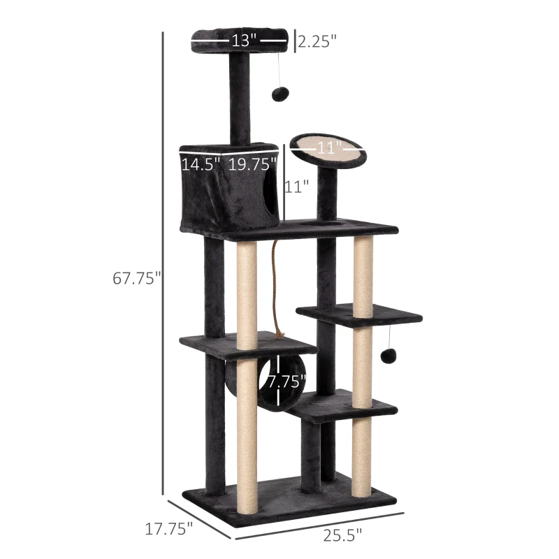 PawHut 67.75" Cat tree Tower Climbing Kitten Activity Center Furniture with Jute Scratching Post Pad Condo Perch Hanging Balls Tunnel Teasing Rope Dark Grey