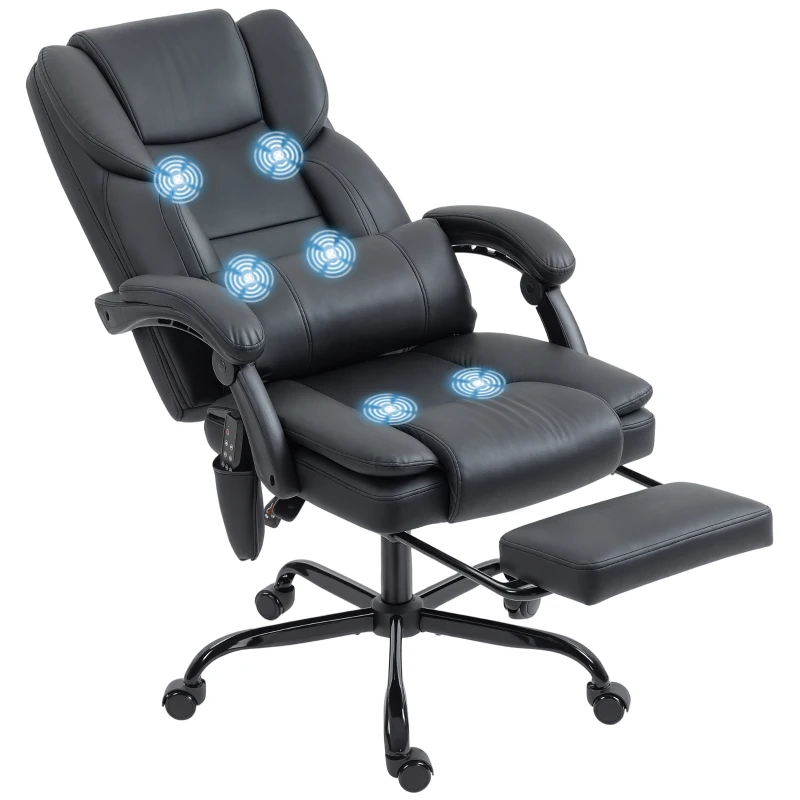 HOMCOM Office Chair with Massage, Pet-Friendly Faux Leather Reclining Desk Chair with Lumbar Support, Footrest, Black