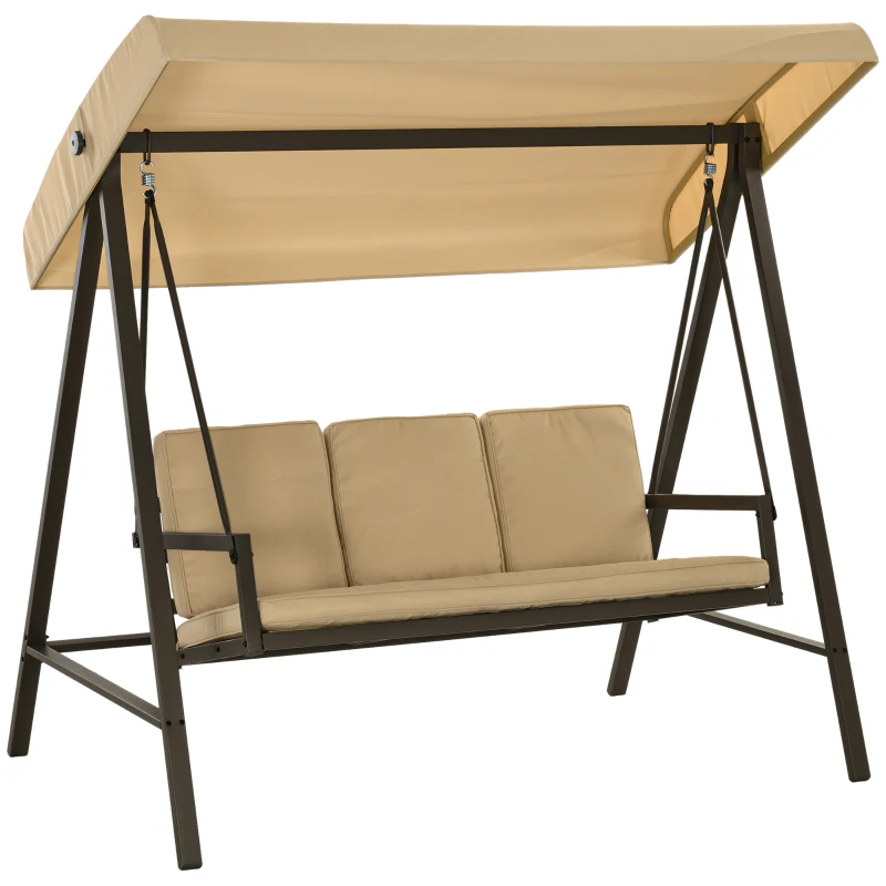 Outsunny 3 Seater Patio Swing Chair, Porch Swing with Adjustable Canopy and Removable Cushions, Outdoor Swing Seat, Beige