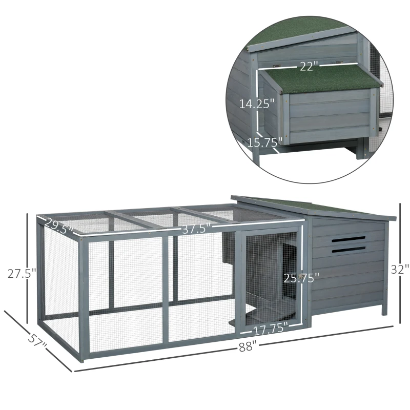 PawHut 88" Large Wooden Chicken Coop Outdoor Hen House Poultry Cage Pen Backyard with Run, Nesting Box, Waterproof Roof and Removable Tray, Gray