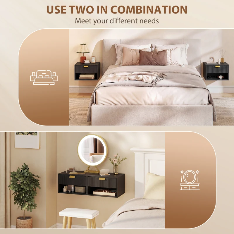HOMCOM Set of 2 Wall Mounted Bedside Tables, Floating Nightstands with Fluted Drawer and Open Shelf for Bedroom, Black