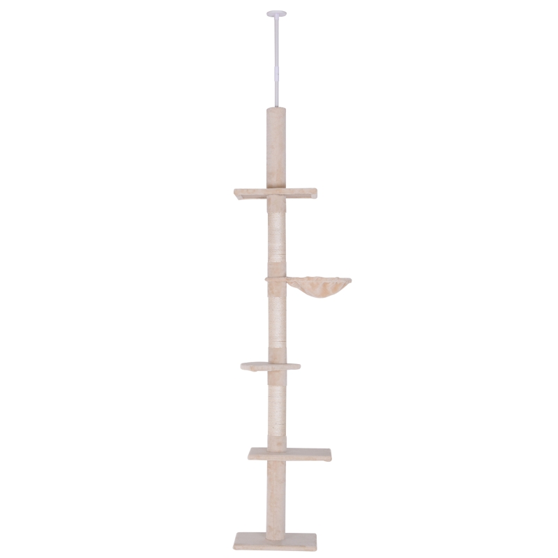 PawHut 102" Adjustable Height Floor to Ceiling Cat Tree, 5 Level Cat Tower with Scratching Posts, Hammock, Beige