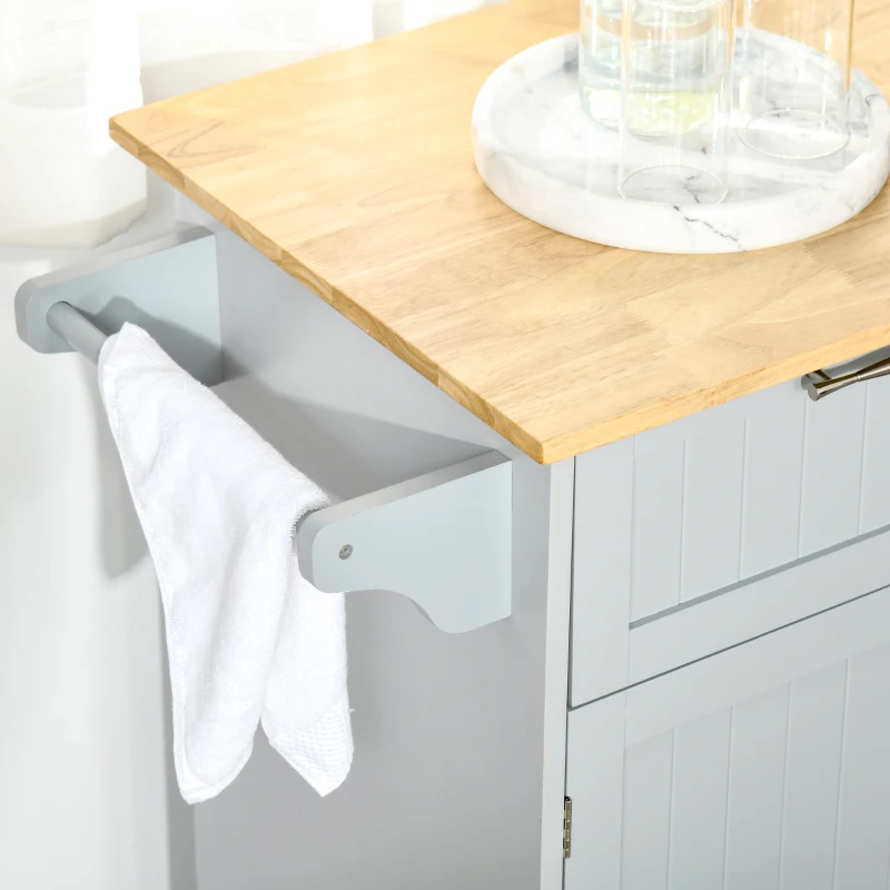 HOMCOM 41" Kitchen Island with Storage and Solid Wood Top, Rolling Kitchen Cart on Wheels with 2 Storage Drawers, 2 Doors and Towel Rack for Dining Room, Grey