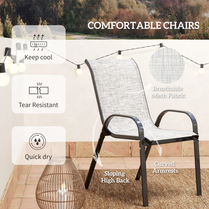Outsunny 3 Pieces Bistro Set, Small Patio Furniture Set with Stackable Mesh Chairs, Glass Table for Garden, Balcony, Grey