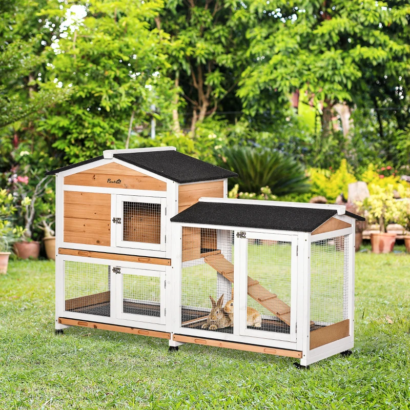 PawHut 62" Wooden Mobile Rabbit Hutch with Wheels, Run Box, Slide-out Tray, Ramp, Yellow