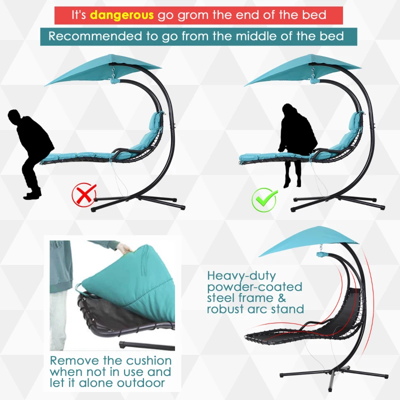 Outsunny Single Floating Chaise Lounge Curved Outdoor Porch Swing Chair Hanging Hammock Reclining Seat w/Arc Stand & Canopy Blue