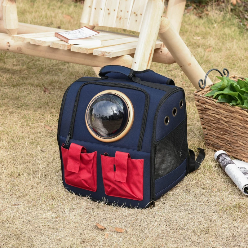 PawHut Foldable Pet Carrier Backpack with Two Storage Packets, Breathable Mesh, Transparent Window & Adjustable Shoulder Strap for Small Cats & Dogs Travel Hiking, Blue