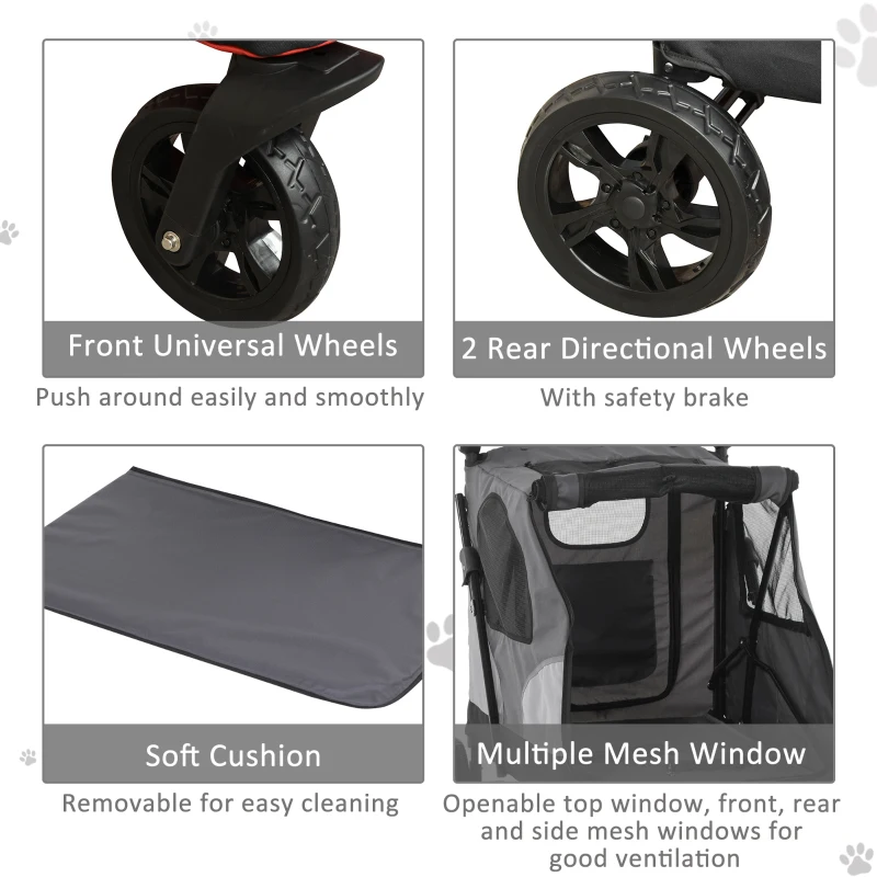 PawHut Pet Stroller Foldable Dog Cat Carriage with Adjustable Handlebar Rear Door EVA Wheel Brake Storage Bag Mesh Window Safety Leash Grey