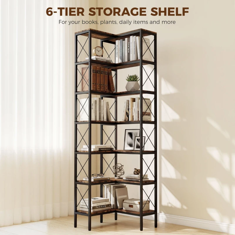 HOMCOM 6-Tier L-Shaped Bookshelf, Freestanding Corner Bookcase with Metal Frame, Rustic Brown