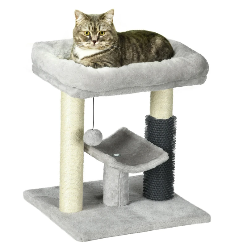 PawHut 19" Cat Tree with Sisal Scratching Post, Cat Tower Condo with Bed, Self Groomer, Perch, Dangling Ball, Grey