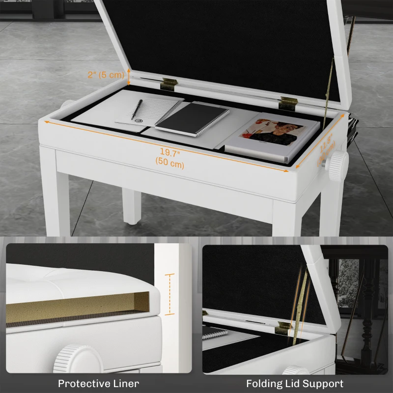 HOMCOM Adjustable Piano Bench with Storage and Soft PU Leather Padded, with Enough Music Storage Design, White