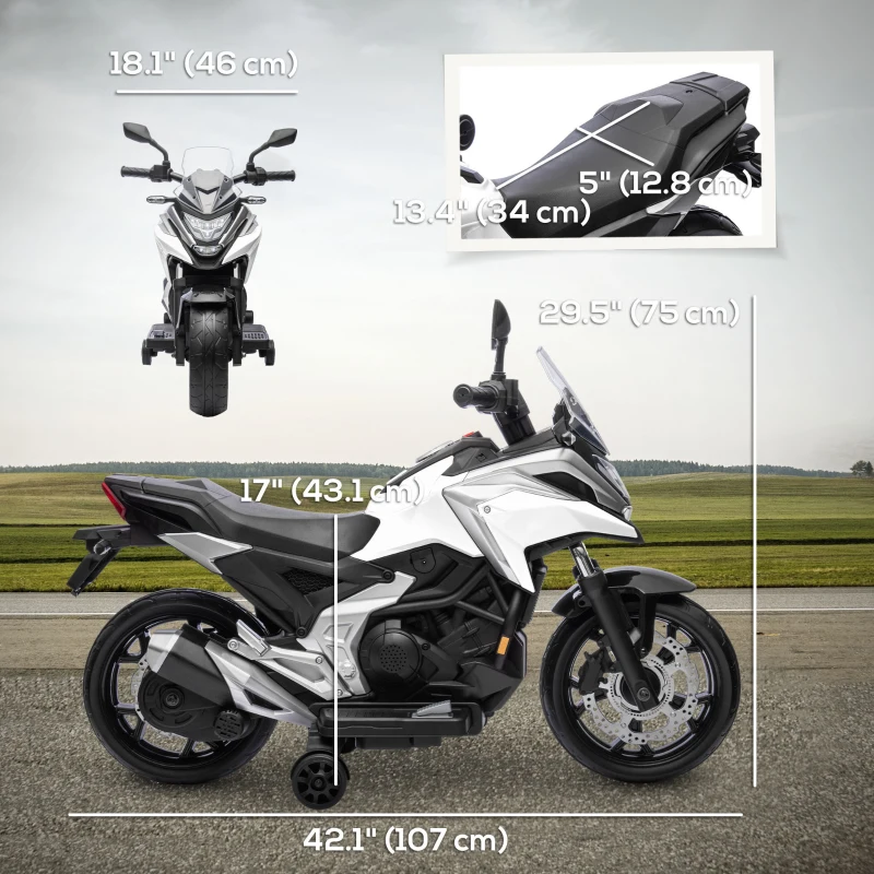 Qaba Honda Licensed 12V Ride on Motorbike for Kids with Headlights Music Training Wheels, for 3-6 Years, White