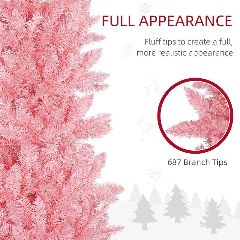HOMCOM 7ft Tall Pencil Artificial Christmas Tree with 687 Branch Tips with Steel Base, Pink