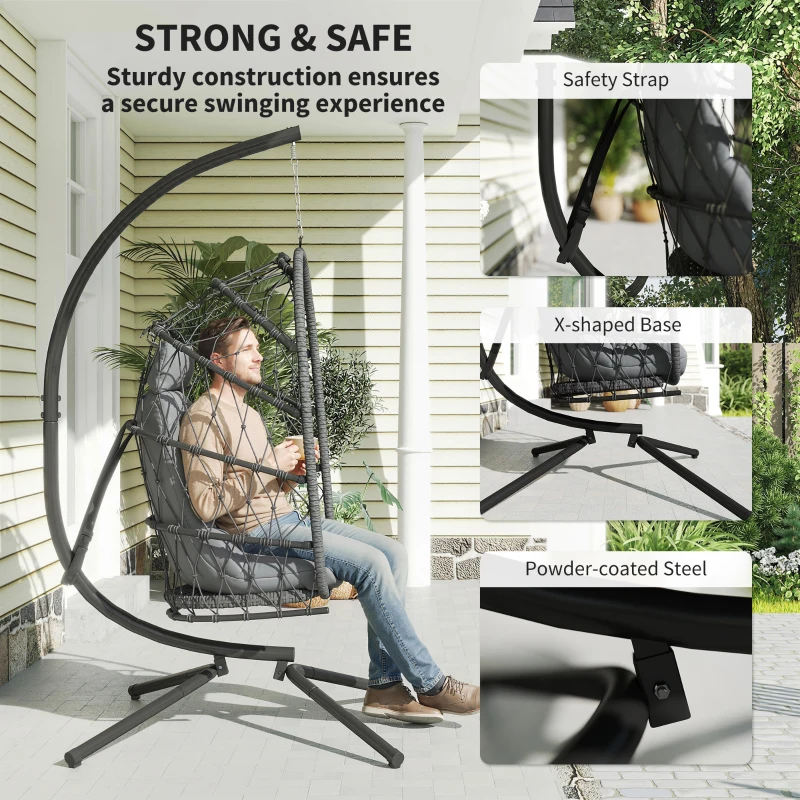 Outsunny Hanging Egg Chair with Stand, Foldable Wicker Rattan Swing Chair with Thick Cushion and Safety Rope, Grey