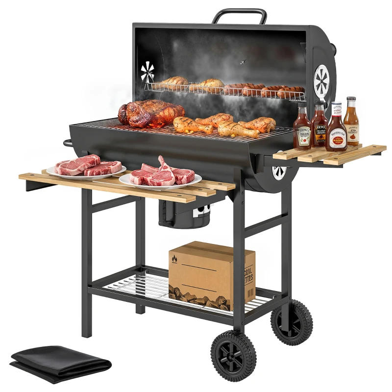 Outsunny Charcoal BBQ Grill with Foldable Shelves, Barbecue Grill with Warming Rack, Thermometer, Wheels, Natural Wood and Black
