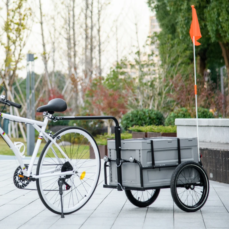 Aosom Steel Trailer for Bike, Bicycle Cargo Trailer with Foldable Storage Box and Safe Reflectors, Max Load 88LBS, Grey