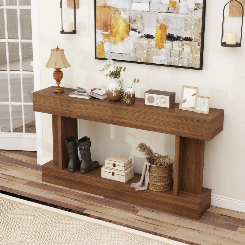 HOMCOM 63 Inch Long Console Table, Vintage Narrow Entryway Table with Storage Shelf for Living Room and Hallway, Dark Brown