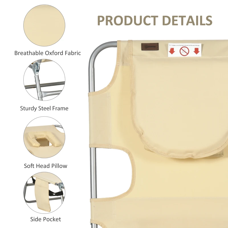 Outsunny Folding Outdoor Lounge Chair, 5-Level Tanning Chair with Face Hole, Side Pocket, Carry Strap for Beach Pool, Beige