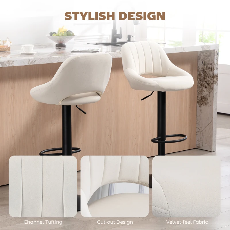HOMCOM Bar Stools Set of 2, Swivel Counter Height Barstools with Adjustable Height and Cutout Back, Velvet Upholstered Bar Chairs with Round Metal Base and Footrest, Cream