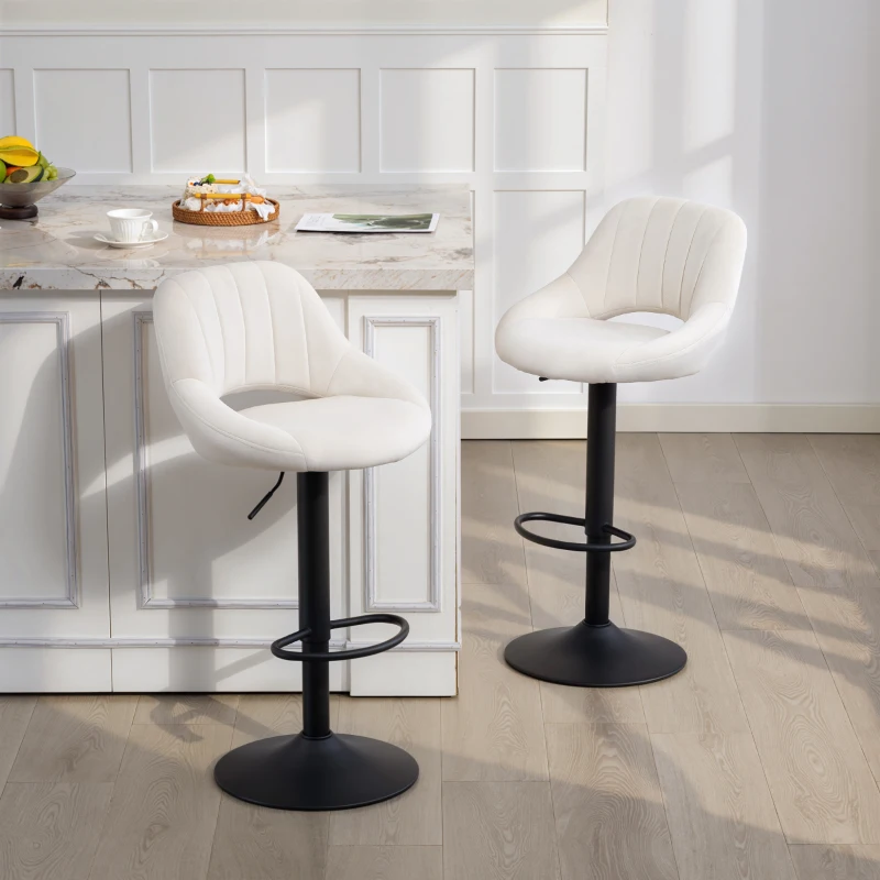 HOMCOM Bar Stools Set of 2, Swivel Counter Height Barstools with Adjustable Height and Cutout Back, Velvet Upholstered Bar Chairs with Round Metal Base and Footrest, Cream