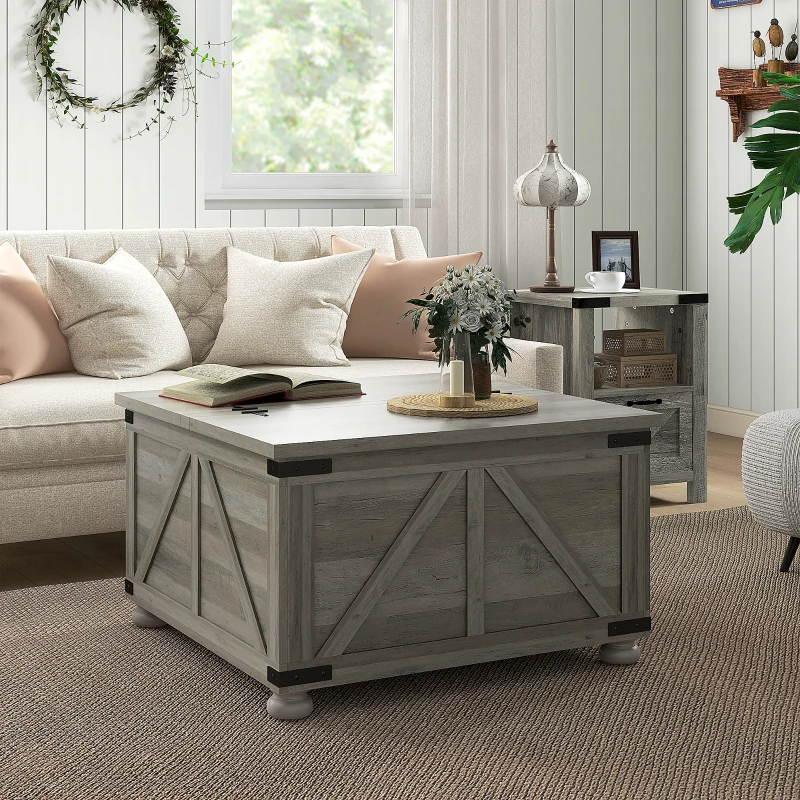 HOMCOM Farmhouse Coffee Table, Square Center Table with Flip-top Lids, Hidden Storage Compartment and Wooden Legs, Distressed Grey