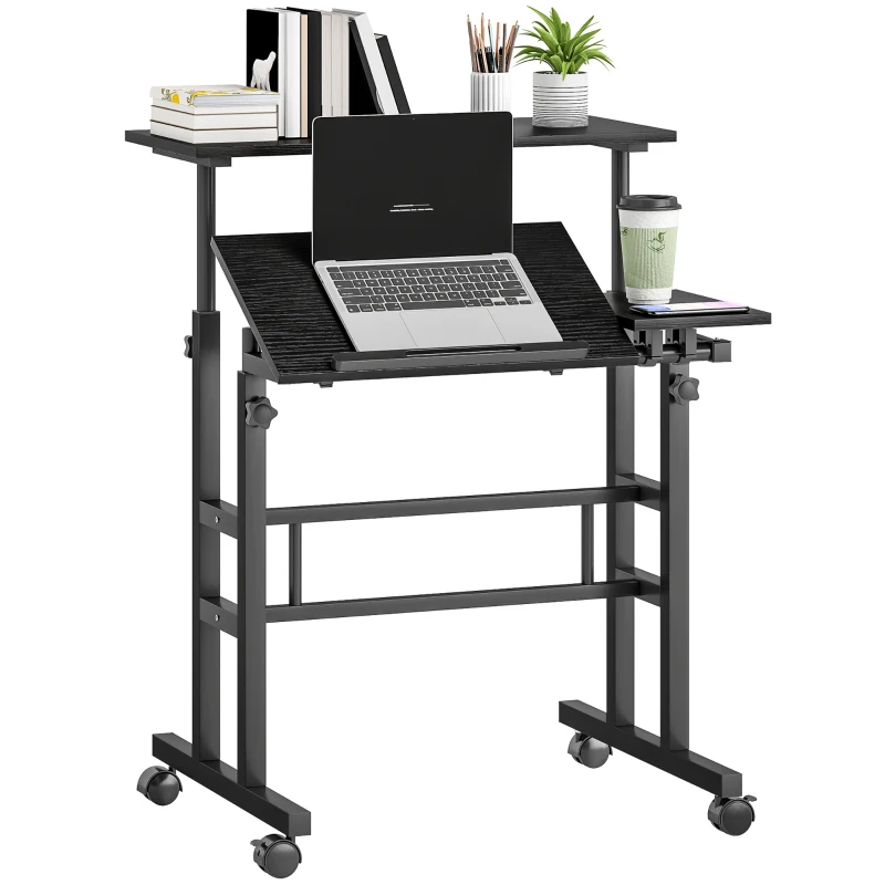 HOMCOM Mobile Stand Up Desk, Height & Angle Adjustable Computer Desk with Wheels for Standing or Sitting, Laptop Desk, Black