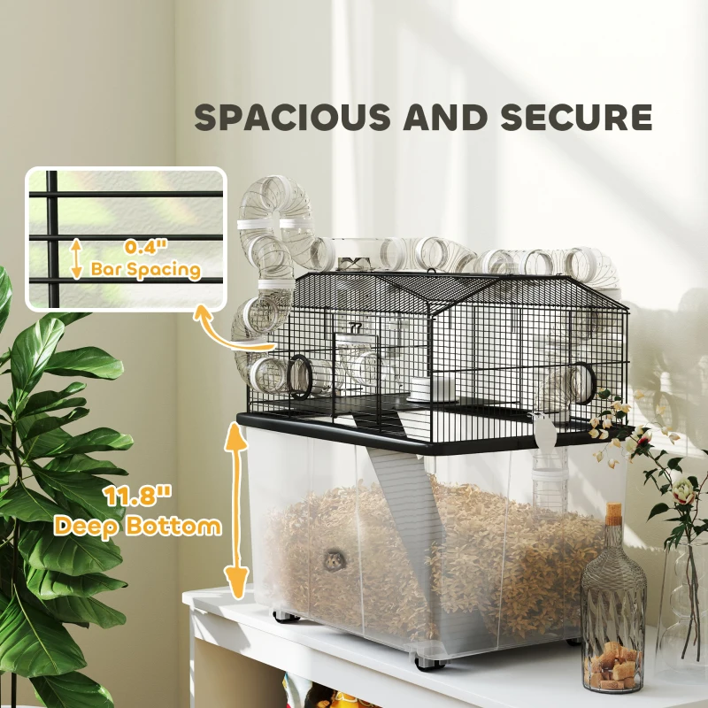 PawHut 2 Tier Hamster Cage with 12" Deep Tray, Tube System, Water Bottle, Ramp, Feeding Bowl, 23" x 17" x 22", Black