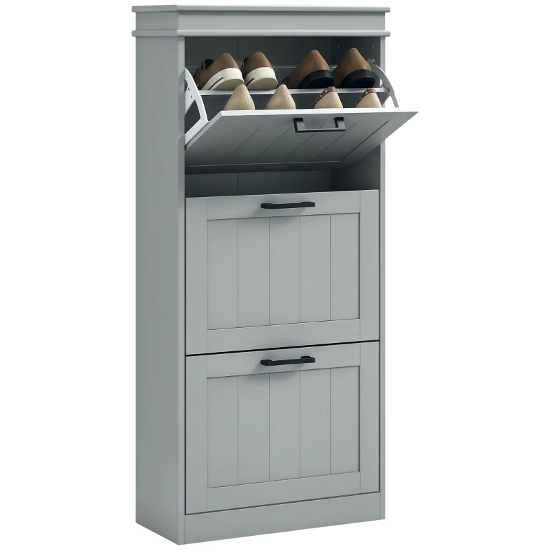 HOMCOM Slim Shoe Cabinet with 3 Flip Drawers and Adjustable Shelves, Narrow Shoe Cabinet for 15 Pairs of Shoes, Grey