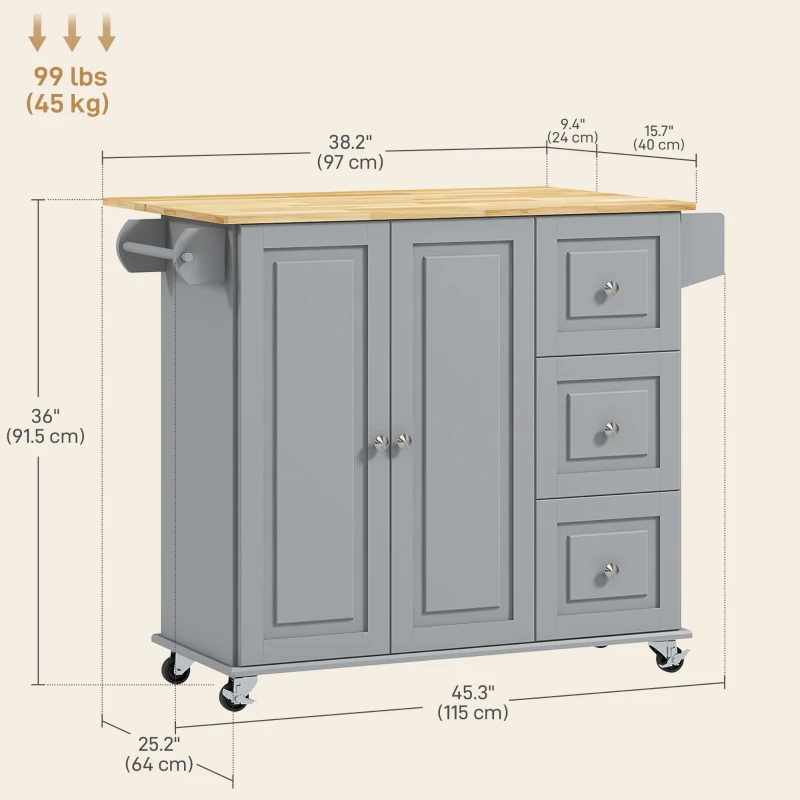 HOMCOM Kitchen Island on Wheels, Kitchen Cart with Drop Leaf, Drawers, Grey