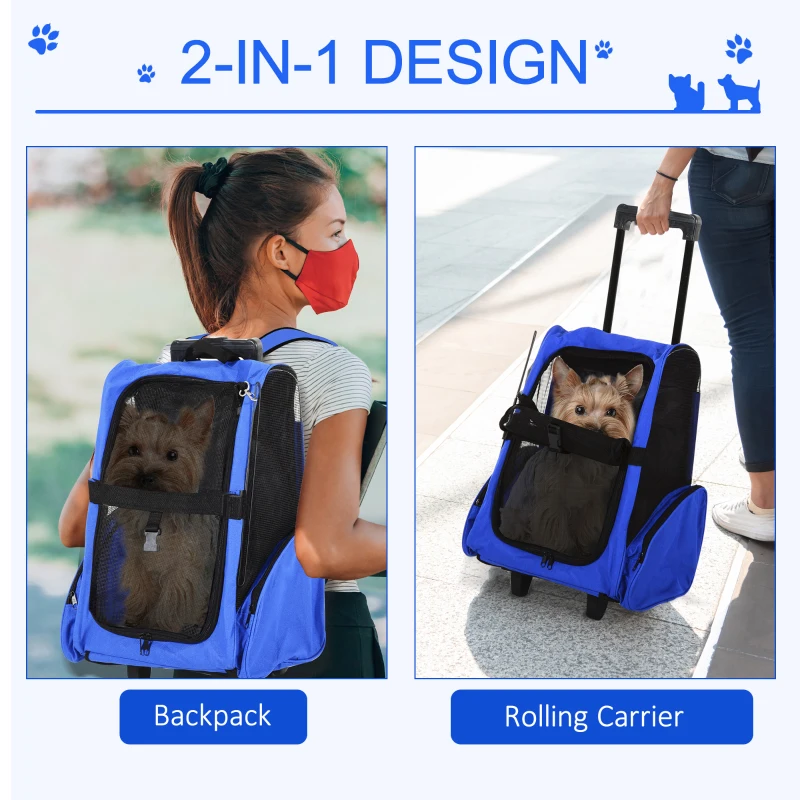 PawHut Rolling Pet Carrier Backpack with Breathable Mesh, Side Pockets, Safety Buckle, for Cats & Small Dogs under 9 lbs, Blue