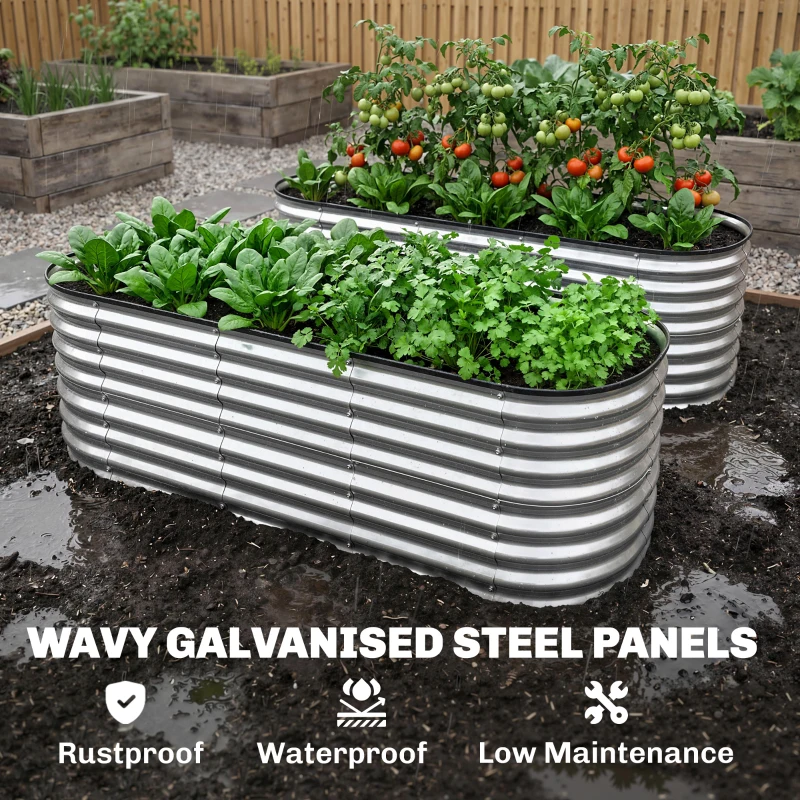Outsunny 2Pcs Galvanized Raised Garden Bed, 6 x 2 x 2 ft Modular Metal Garden Beds with Rubber Strip Edging, Silver
