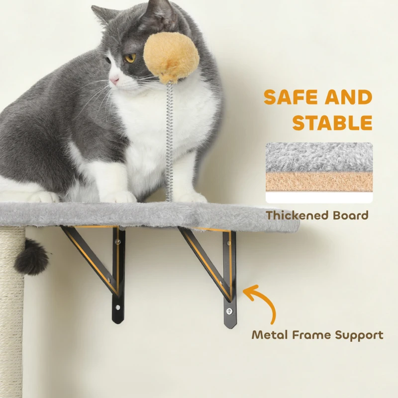 PawHut Cat Wall Shelves, 4 Pcs Cat Wall Furniture Set with Scratching Posts, Condo, Hammock, Perchs, Light Grey