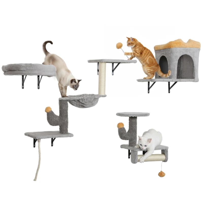 PawHut Cat Wall Shelves, 4 Pcs Cat Wall Furniture Set with Scratching Posts, Condo, Hammock, Perchs, Light Grey