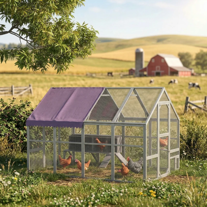 PawHut 9.2' x 6.1' Large Chicken Coop with Nesting Box, Water-Resistant and Anti-UV Cover for 8-12 Chickens, Gray