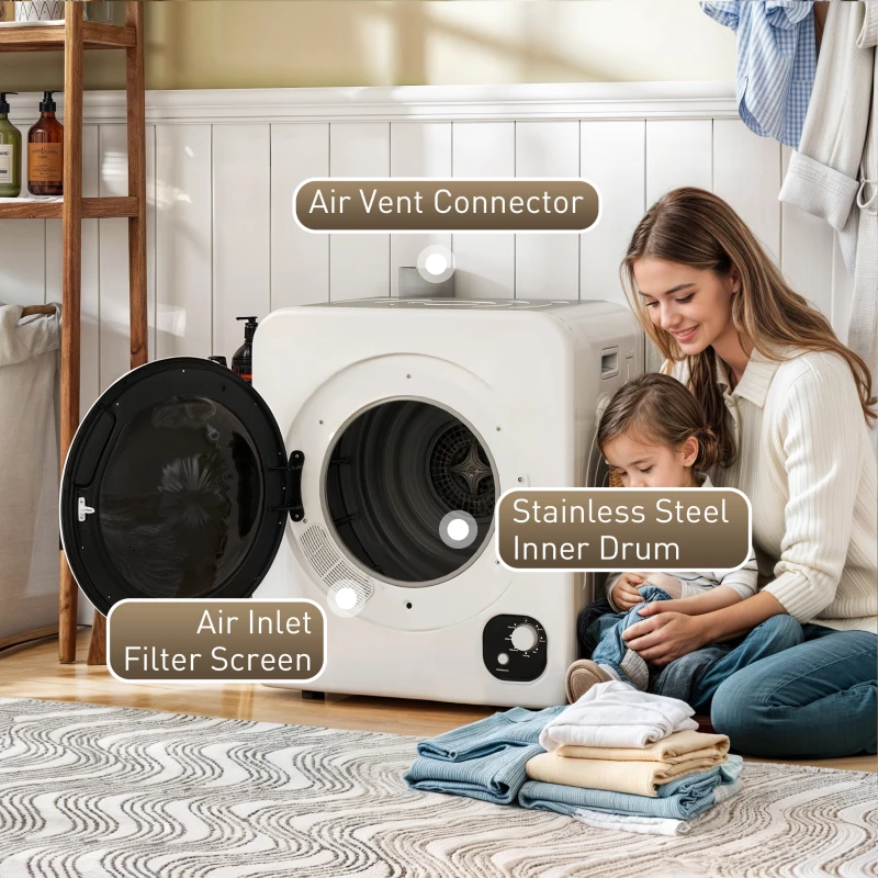 HOMCOM Compact Laundry Dryer, 1300W Portable Clothes Dryer with 4 Drying Modes, Stainless Steel Tub, White