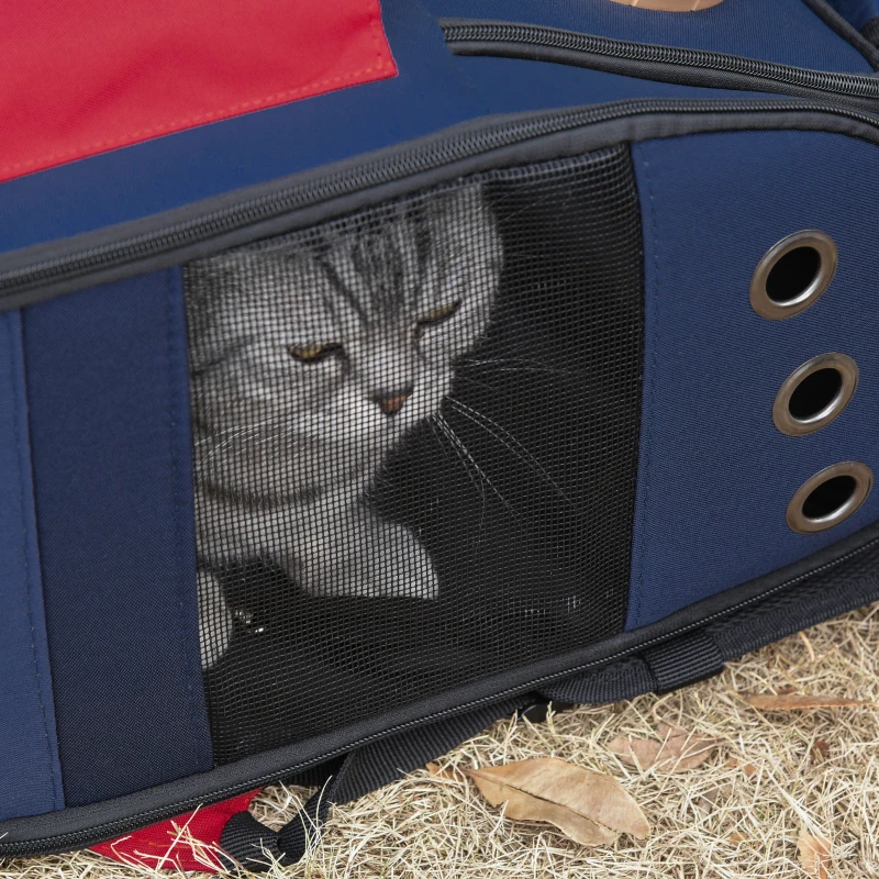 PawHut Foldable Pet Carrier Backpack with Two Storage Packets, Breathable Mesh, Transparent Window & Adjustable Shoulder Strap for Small Cats & Dogs Travel Hiking, Blue