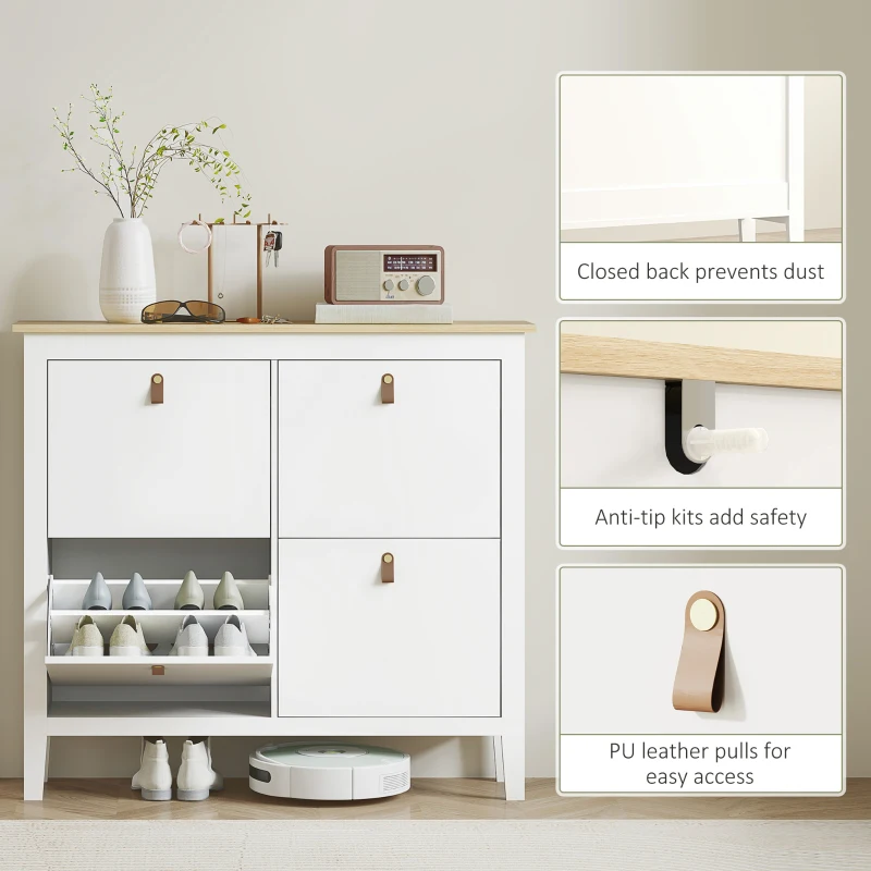 HOMCOM Narrow Shoe Cabinet with 4 Flip Drawers, Adjustable Shelves for Entryway, Holds 12-20 Pairs, White